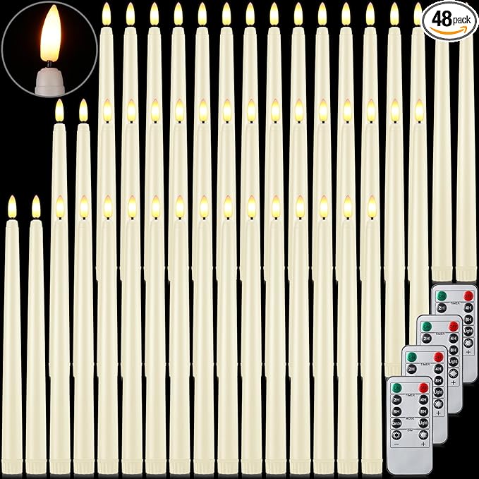 Reginary 48 Pcs Flameless Taper Candles with 4 Remote, Battery Operated Flickering Flameless Taper Candles 3D Wick Fire LED Faux Wax Lights for Wedding Christmas Holiday(Ivory,11 Inches)