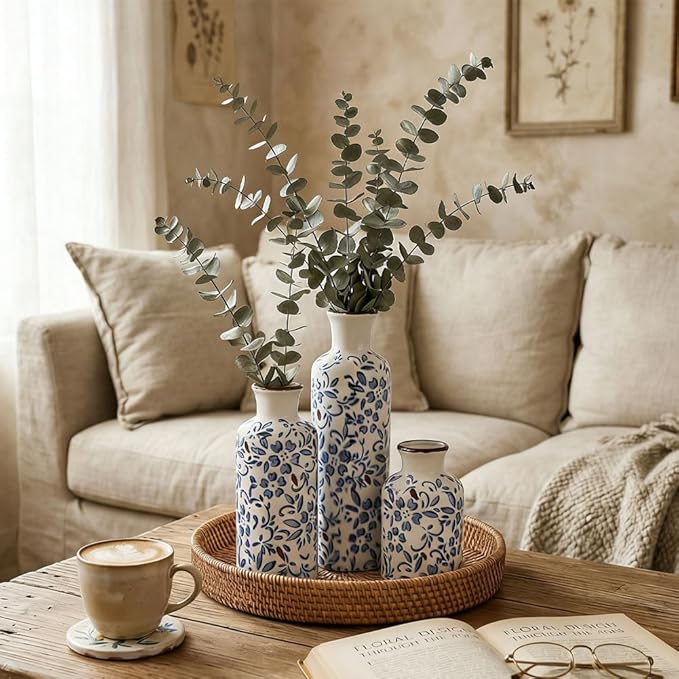 Chinoiserie Decor Ceramic Vases Set - 3 Blue and White Vase, Chinoiserie Vase Farmhouse Country, Flower Vases Home Decor, Living Room Decoration, Entrance, Fireplace, Table Decoration, Centerpieces