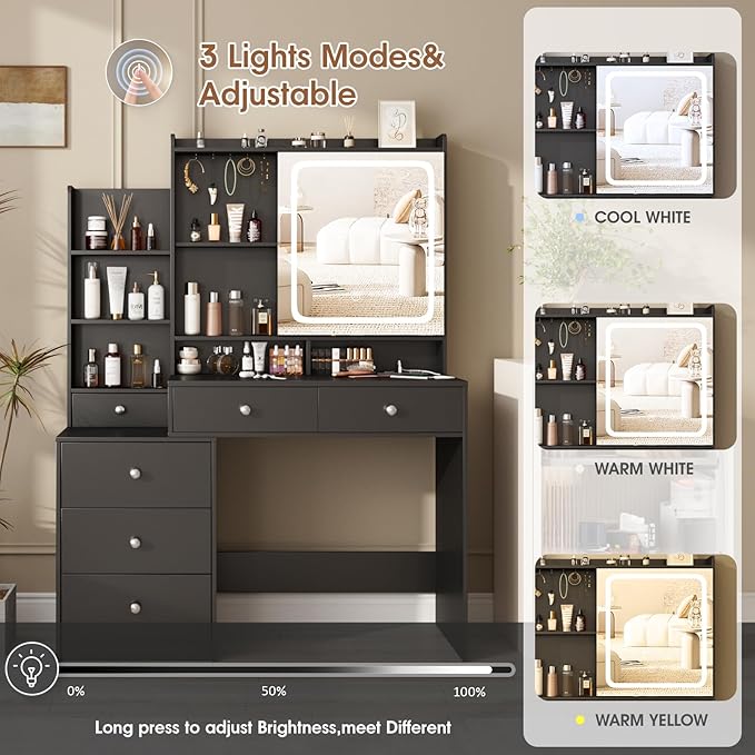 Makeup Vanity with Led Mirror and Power Strip,Vanity Desk with Lots Drawers & Openable Mirror,3 Lighting Colors,Open Storage Shelves,Dressing Table for Bedroom,Black