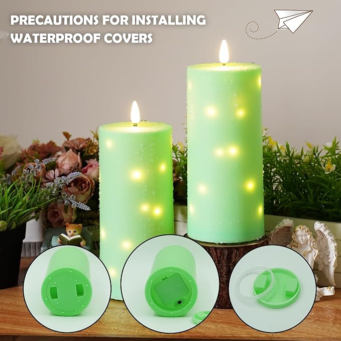 10" x 4" Large Outdoor Waterproof Flickering Flameless Candles with Timer,2Pcs Battery Operated LED Pillar Candles with Embedded Star String for Outdoor Lanterns,Porch,Patio Decor(Green)