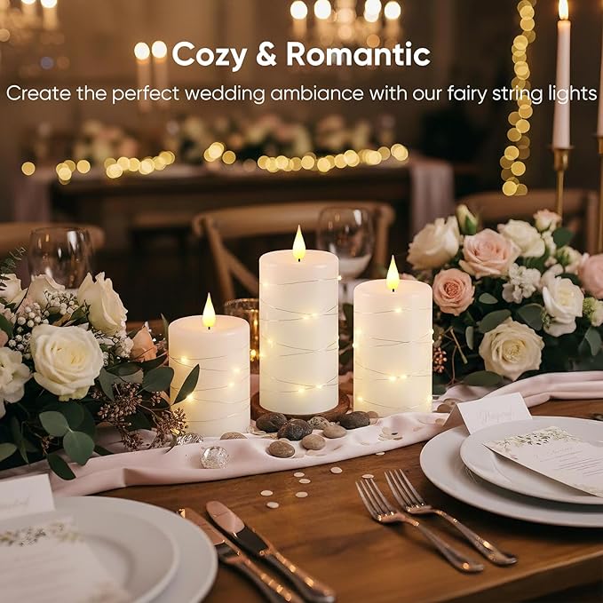Amagic 3"×6" Flameless Candles with String Lights, White 11-Key Remote & Timer Battery Operated Flickering Led Pillar Candles Real Wax for Home, Lantern, Halloween and Christmas Decor, Set of 2