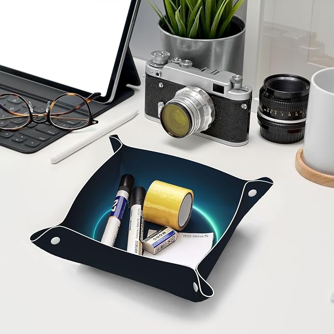 Minimal Neon Glow Valet Tray Leather Portable Tray Desktop Storage Organizer Bedside for Men Women Jewelry Keys Coin Candy Sundries