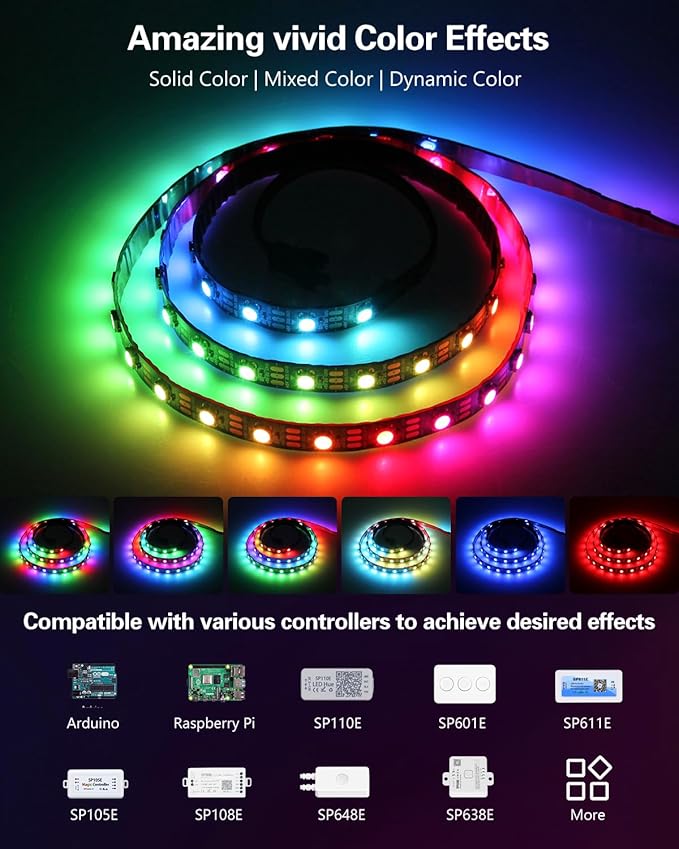 ALITOVE 3.2ft 60 Pixels Strip WS2812B Individual Addressable RGB IC LED Strip Light Upgraded Adhesive LED Tape Light Programmable 5050 5V IP20 Black PCB Compatible with Raspberry Pi for DIY Project