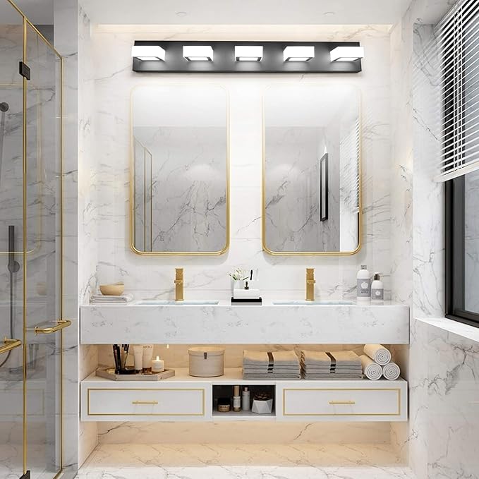 Ralbay Modern Black Bathroom Lighting Fixtures 5 Lights Adjustable Acrylic Vanity Lights Fixtures Modern LED Matte Black Bathroom Vanity Lights Over Mirror(Natural White Light)