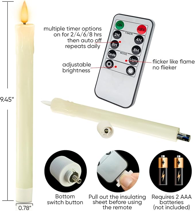 Homemory 6 PCS Real Wax Flameless Taper Candles with Remote, Flickering LED Candlesticks with Timer Dimmer, Fake Candles for Xmas Wedding Celebration Decor, Ivory, 9.6 Inches