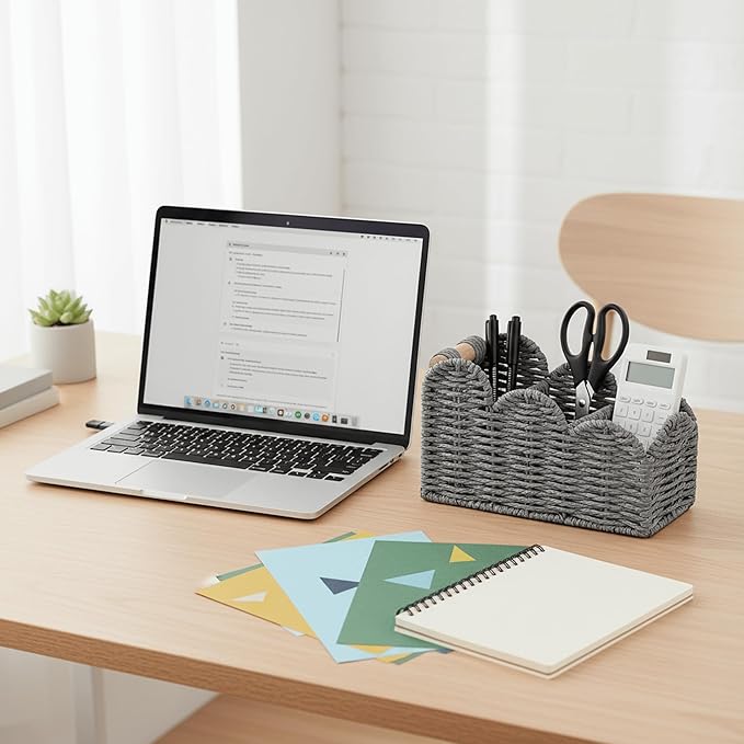 CubesLand Bedside Table Desk Organizer Caddy, Remote Pen&Pencil Holder Cup, Makeup Brush Holder w/Scalloped Perfect for Home, Office Desk, Living Room Table Decor, 3 Slots Grey
