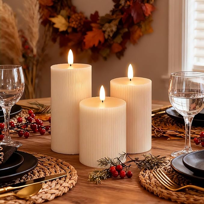 Rechargeable Flameless LED Pillar Candles–Luminous Real Wax Indoor Home Decor–Set of 3, Realistic Flickering LED Flame,Remote & Timer(Light Khaki)