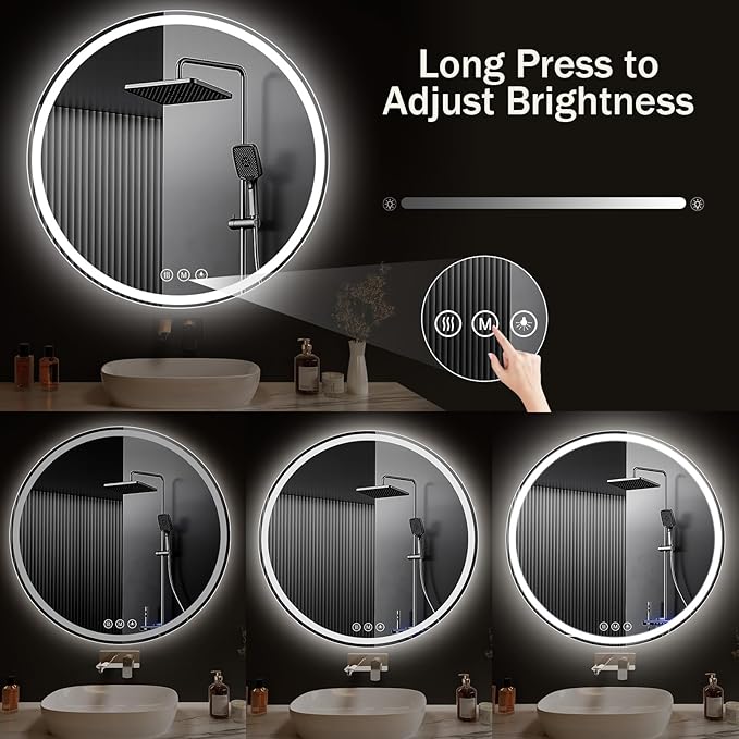 LED Bathroom Mirror 36 Inch Round Bathroom Mirror with Lights,Circle LED Mirror, Wall Mounted Lighted Bathroom with 3 Colors Brightness, Anti-Fog, Dimmable, Shatter-Proof
