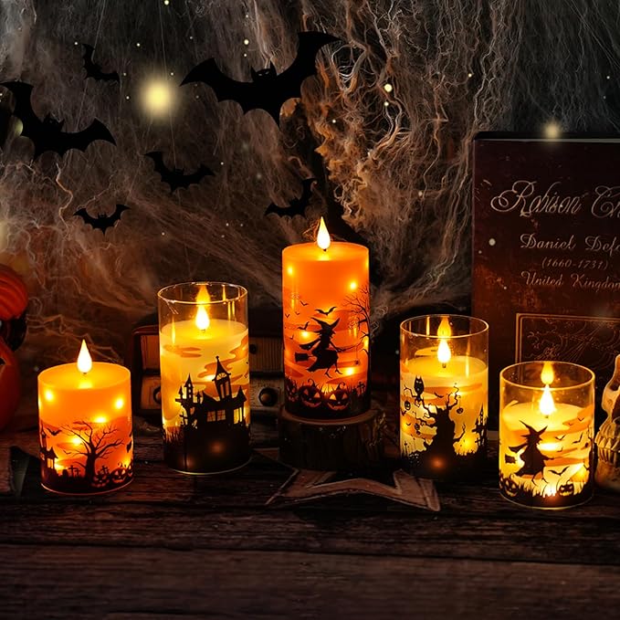 Flameless Candles Real Wax Realistic Halloween Candles with Glass Shell, Battery Operated LED Pillar Candle with Remote Timer, Ideal for Halloween Home Decor（D 3"*H 4" 5" 6" ）