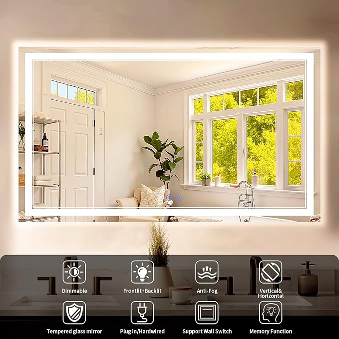 36"x60" LED Bathroom Mirror with Lights, Anti-Fog, Backlit + Front Lit, Dimmable, Led Vanity Mirror for Wall, 3 Colors, Memory Function, Shatter-Proof Tempered Glass