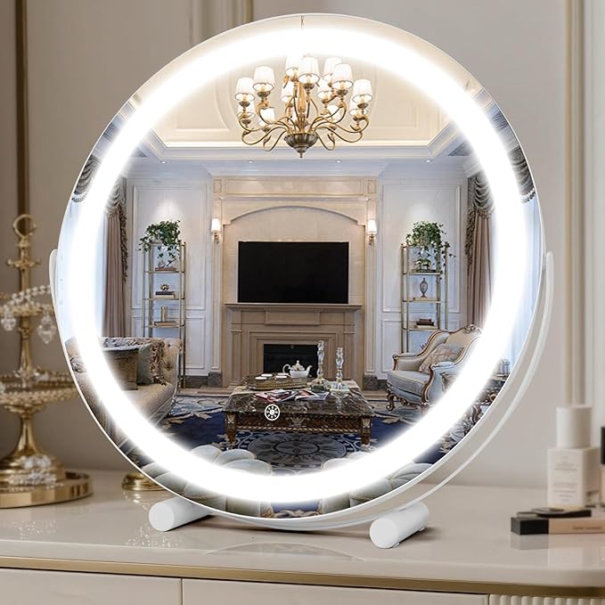 Vanity Mirror with Lights, 18" LED Makeup Mirror, HD Professional Mirror, Smart Touch with 3-Color Lighting, Dimmable, 360° Rotation, Lighted Up for Makeup Desk, Bedroom (White)