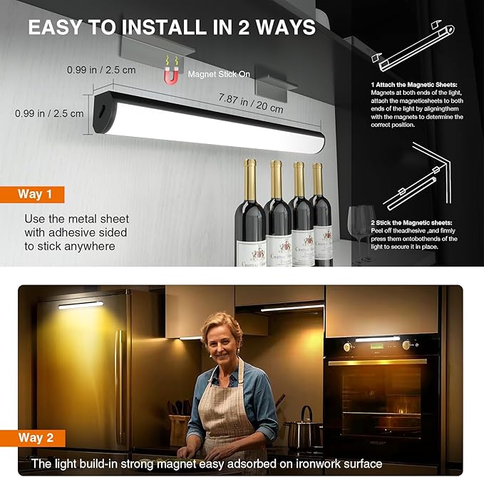 Under Cabinet Lighting Wireless with Remote,Rechargeable Battery Operated Closet Lights,3 Color Magnetic Dimmable led Strip Lights,Under Counter Lights for Kitchen,Shelf,Bedroom (Black-2PCS, 20cm)