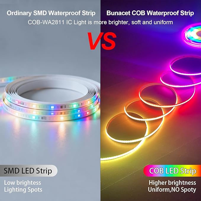 80ft COB RGB+IC LED Strip Lights, Bright Dream Color COB LED Light Strip with RF Remote App Control Music Sync Color Changing for Game Room Bedroom Kitchen Lighting Home Decor（2 Rolls）