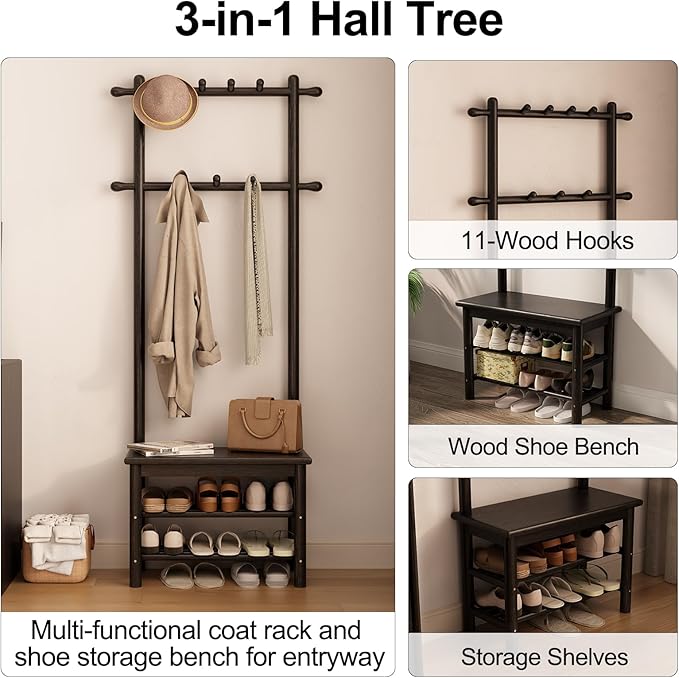 AQIMUELE Coat Rack with Shoe Storage, Narrow Wooden Hall Tree with Bench, 11 Hooks and 2-Tier Storage Shelves, 3-in-1, Entryway Bench with Coat Rack (23.6"-Black)
