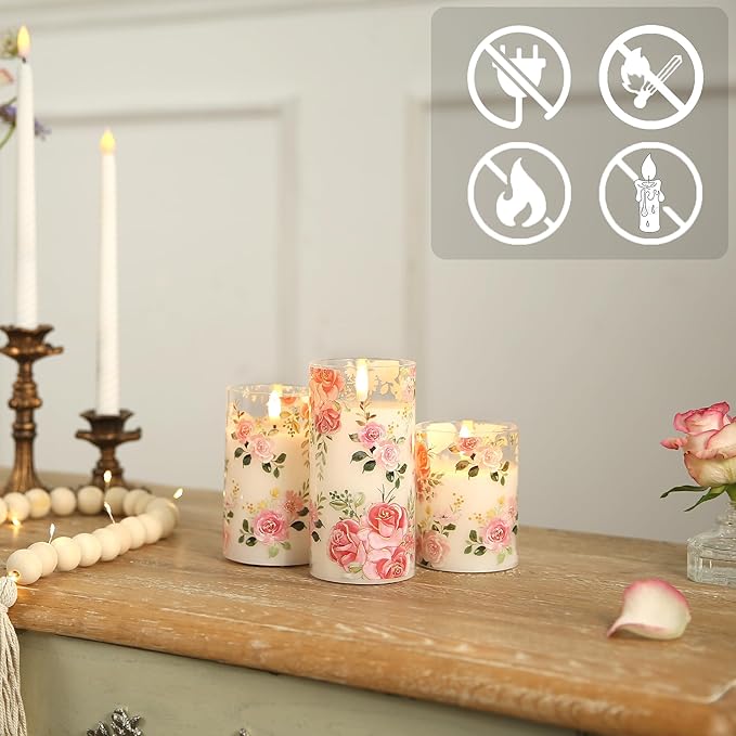 Flameless Candles with Remote, Battery Operated Glass Candles Pink Rose Flickering LED Candles Real Wax Floral Christmas Decor Electric Pillar Candles Set of 3