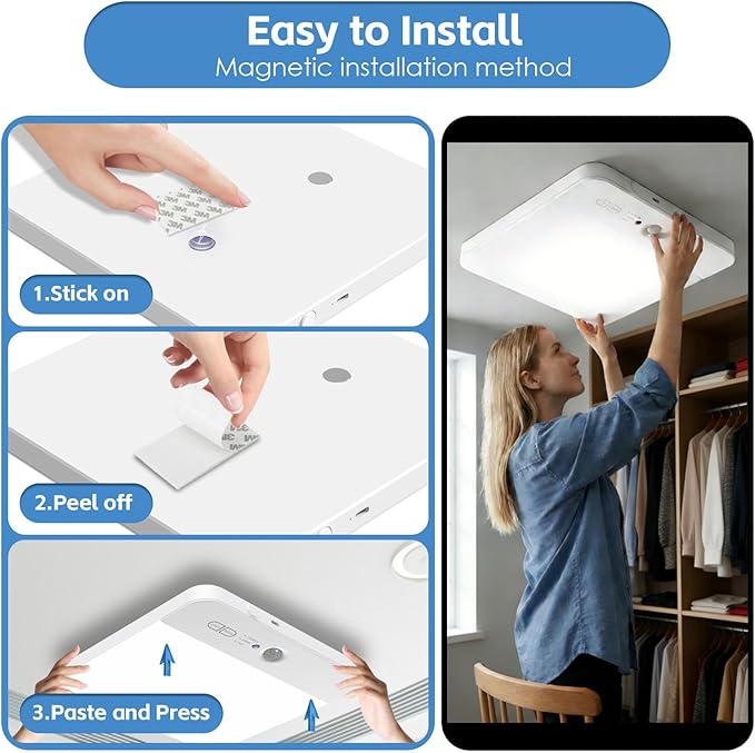 2 Pack Rechargeable Motion Sensor LED Ceiling Light with Remote, Wireless Battery Operated Closet Light, 400LM Dimmable 3 Color Temperatures, Ideal for Stair Hallway Garage Pantry