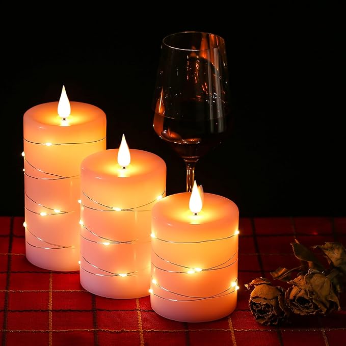 Da by Flameless Candles with String Lights，Battery Operated Candles,LED Flickering Candles with Remote Control and Timer, Real Wax, 3 Pack-Pink