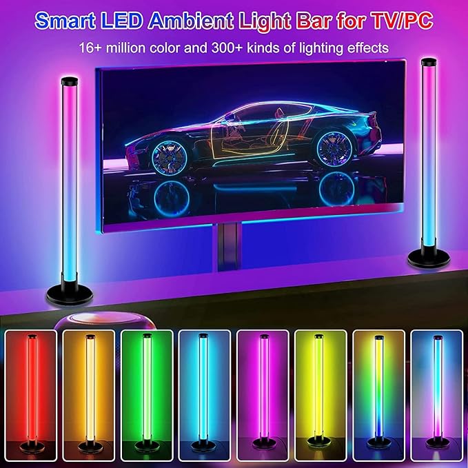 ThreeH Smart Light Bars Double LED Ambient Lighting Lamps APP and Remote Control USB Powered 16 Million RGB Colors Changing Timer Setting 42cm/16.5"