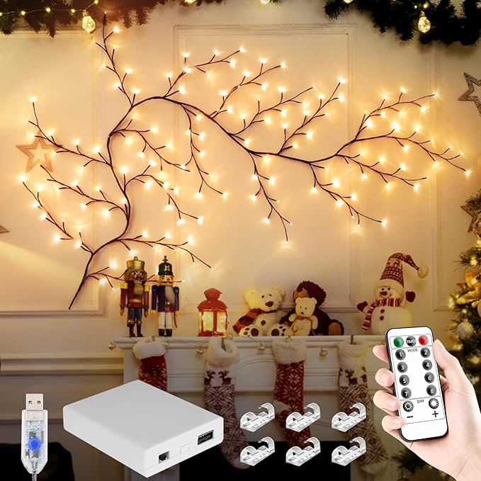 Enchanted Willow Vine Lights 7.55FT 144LED 1 PCS Brown Tree Branch Lights for Wall, Remote Timer,8 Light Model,Bedroom Wall Doors Wedding, Christmas, USB Battery Box