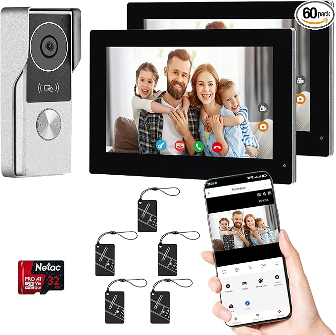 2-Wired Video Intercom System with Dual 7'' Touch Screen, 1080P HD Camera & 130° Wide Angle, Two-Way Calling Between Screens, Tuya APP Remote Control, Waterproof, for Villa Apartment