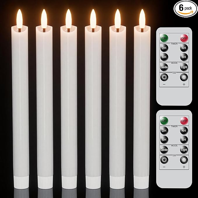 Wondise Flameless Taper Candles with Remote Timer, Real Waxy Battery Operated Flickering Candlesticks, 3D Wick LED Candles 9.6inch for Halloween Christmas Holiday Wedding Decoration (White