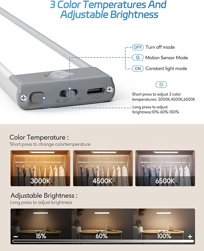 HIBOITEC Under Cabinet Lights - Motion Sensor, 3 Color Temperatures Wireless Rechargeable Night Lights, Dimmable for Kitchen, Wardrobe, Closets, Cupboard