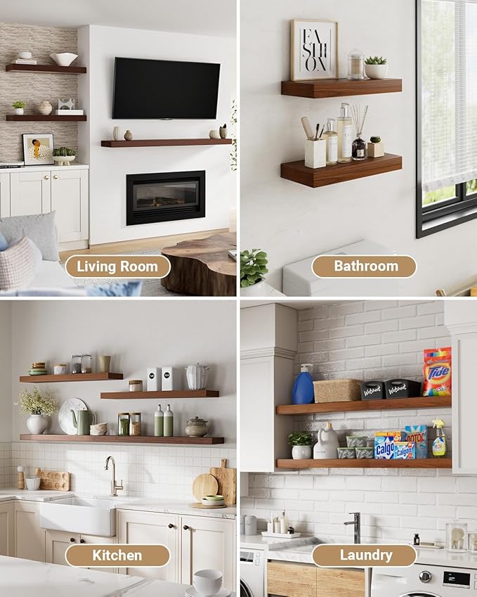 Walnut Floating Shelves, 2 Inch Thick Wooden Floating Shelves for Wall Mounted, 8 Inch Deep Shelves Over Toilet, 32"x8" Wall Shelves for Kitchen Living Room Bathroom, 50LBS Capacity, Set of 2