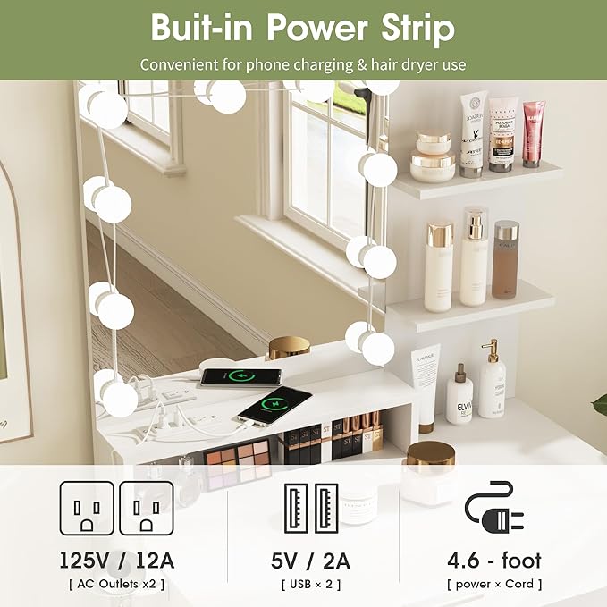 Vabches Small Vanity Desk with Mirror and Lights, Makeup Vanity with Storage Chair & Power Strip,Girl Dressing Table Set with Drawer for Bedroom,3 Lighting Modes,Brightness Adjustable,White