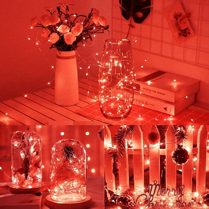 12 Pack Fairy Lights Battery Operated String Lights 7 Feet 20 Led Waterproof Christmas Lights Silver Wire Firefly Starry Moon Lights for Bedroom Red