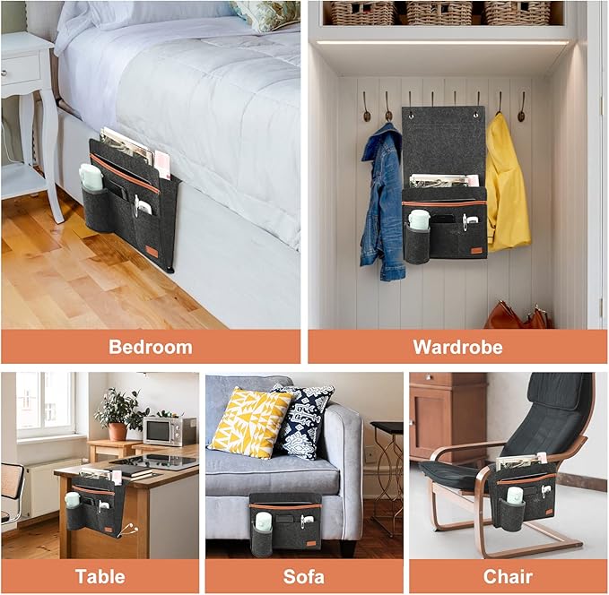 Surblue Bedside Caddy Felt Bedside Storage Organizer with Water Bottle Holder for TV Remote Control Phone Glasses Magazine 7 Pockets(Dark Grey)