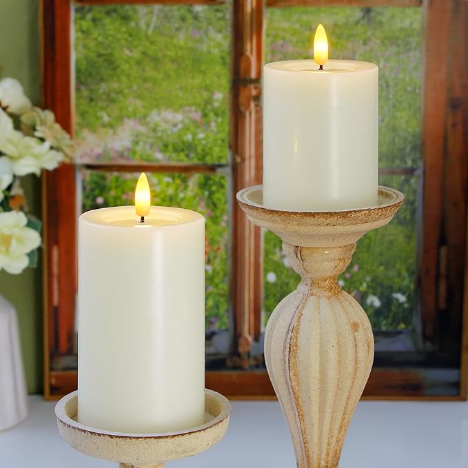 Remote Flameless Flickering Pillar Candles with Candle Grease Effect,Pack of 3 Ivory LED Battery Oprated 2/4/6/8 Hours Timer Real Wax Electric Candles(3x4,5,6 Inches)