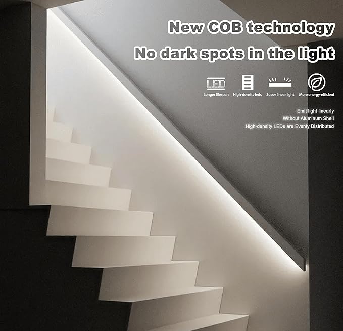 50ft Daylight White 6500K, COB LED Strip Light Kit, Linear Lighting Brightness Dimmble Strip Light ETL Listed with Remote for Bedroom Wall Cabinet Mirror Stair (AC/DC Adapter Included)