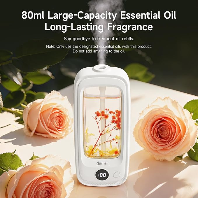 Small Waterless Oil Diffuser, Cordless Aromatherapy Diffusers with Real Flowers | 3 Scents Home Fragrance, 6-Speed Adjustable Air Freshener for Office & Bedroom