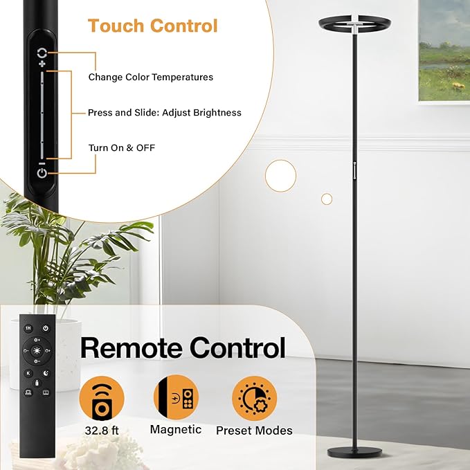 Floor Lamps for Living Room, 40W/2400LM Rotatable LED Floor Lamp with Touch & Remote Control, 70" Tall Standing Lamp Stepless Dimmable, Modern Torchiere Corner Lamp for Bedroom, Office