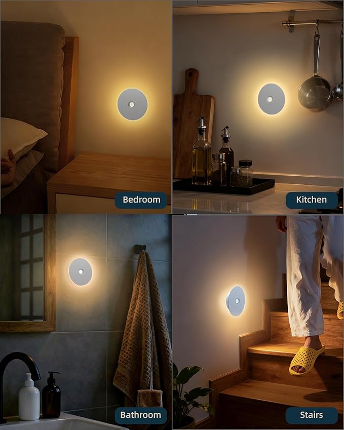Yiliaw Motion Sensor Night Light, Rechargeable Nightlight Indoor, Warm White with Wireless Magnetic Mount, Adjustable Brightness & 3 Color Temps for Hallway, Stairway, Bathroom, Closet (2 Pack)