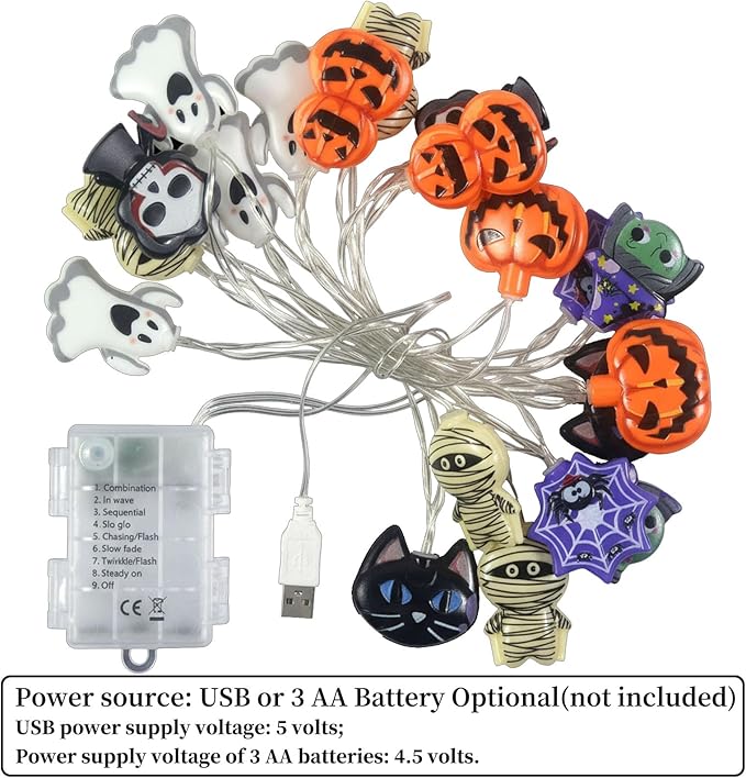 Halloween String Lights, 10 FT 20 LED Fall Fairy Lights USB & Battery Optional Halloween Decor Autumn Light 8 Flashing Modes Cute Skull String Lights 2025 Indoor Outdoor Decor for Home Yard Patio