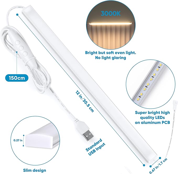 Litever Plug Under Cabinet Light Kit with Power Adapter, Dimmer, 2 pcs 12 Inch USB LED Light Bars. Dimmable Linkable for Kitchen Counter, Workbench, Coffee Station, Workspace, Closet. Warm White 3000K