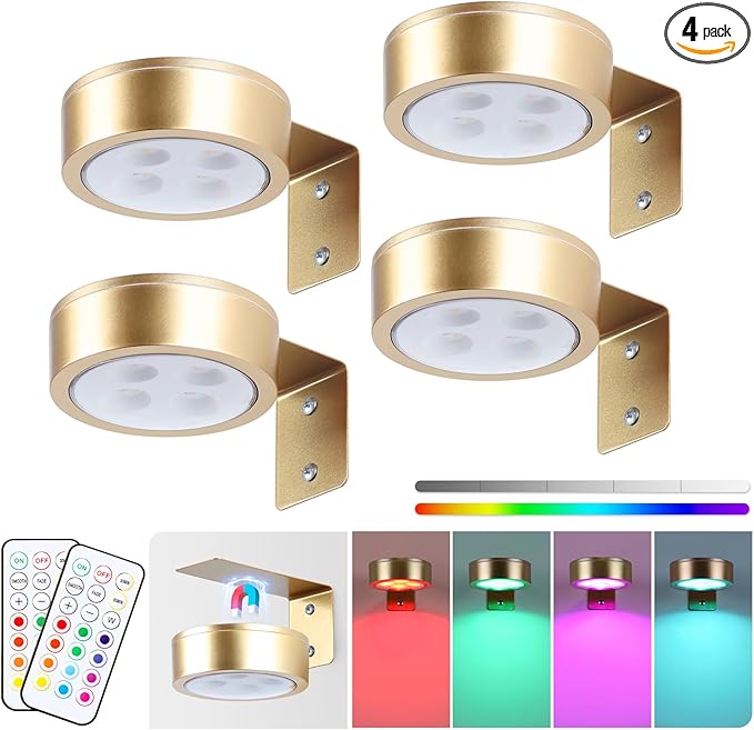 4-Pack Picture Light Battery Operated Painting Lights, 13 Color RGB Magnetic LED Display Art Light with Remote, Dimmable and Timer Portrait Light for Art Frame Artworking, Wall Decor Puck Light, Gold