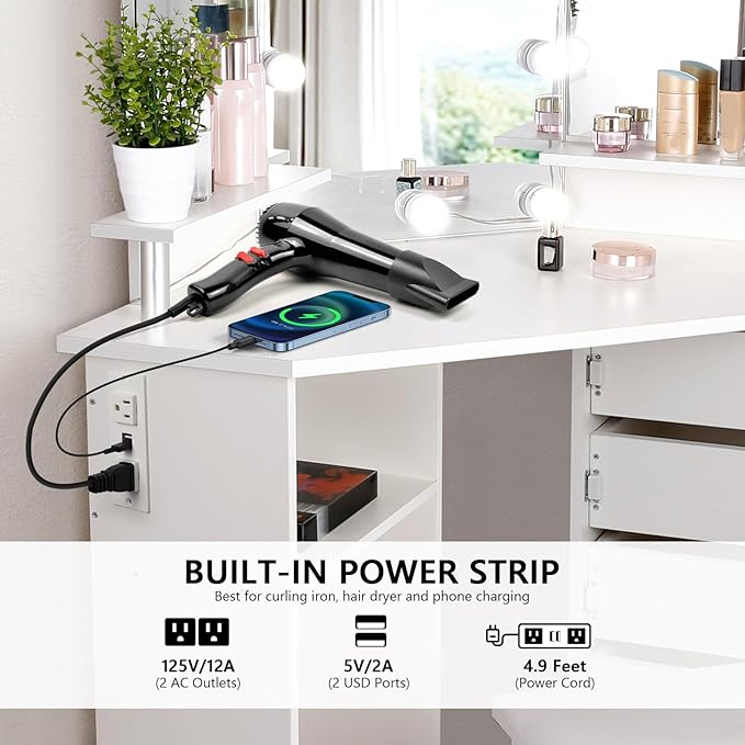 VOWNER Vanity with Lights - Makeup Vanity Desk with Power Outlet, 3 Color Lighting Options Brightness Adjustable, 5 Rotating Drawers, Shelves and Stool for Bedroom, White