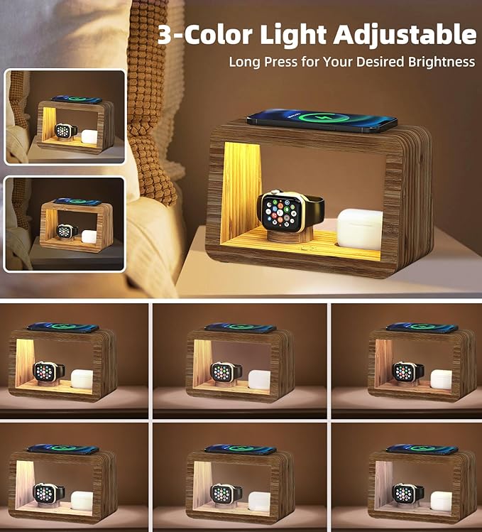 Bamboo Charging Station for Multiple Devices, 15W Fast Wireless Charger Night Light with 3 Color& 4 Adjustable Brightness, Night Stand Charger Station for iPhone/iWatch/AirPods (6953)