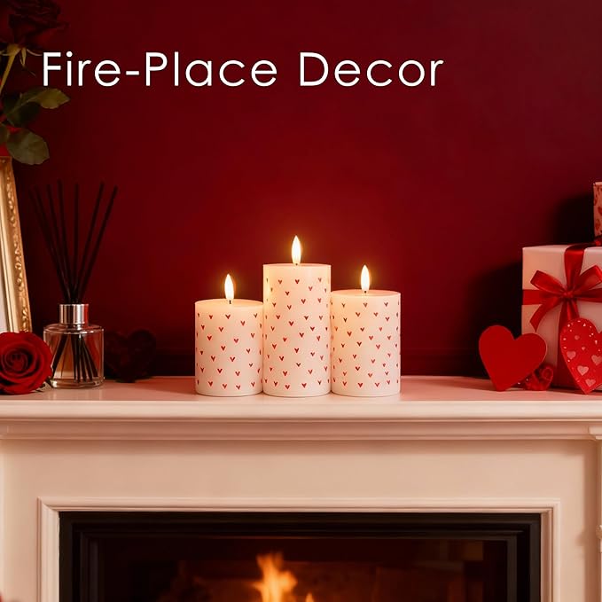 Flameless Candles with Remote, Battery Operated Pillar Candles for Valentine's Day Decoration Real Wax Electirc LED Candles for Romantic Home Table Centerpiece Decor Set of 3