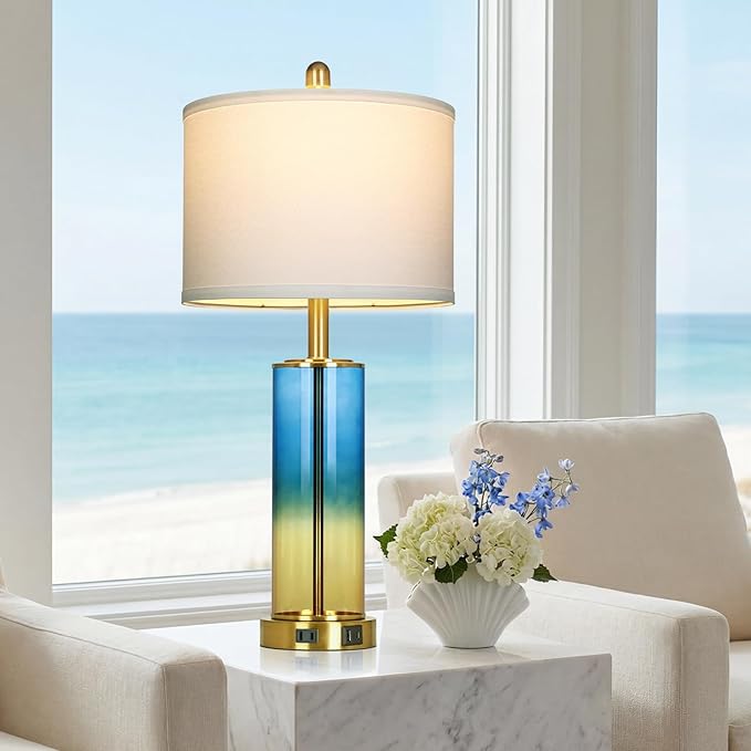 26" Blue and Gold Glass Lamps Set of 2, 3-Way Dimmable Touch Coastal Bedroom Table Lamp with USB C+A Ports & AC Outlet, Elegant Brass Living Room Lamp, Nautical Bedside Lamps for Night Stands