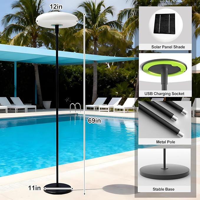 Lightdot Solar Outdoor Floor Lamp for Patio, Waterproof USB Rechargeable Cordless Floor Lamp with 3 Brightness Modes,Height Adjustable(Max 74IN),Warm White 3000k Standing Solar Lights for Yard Garden