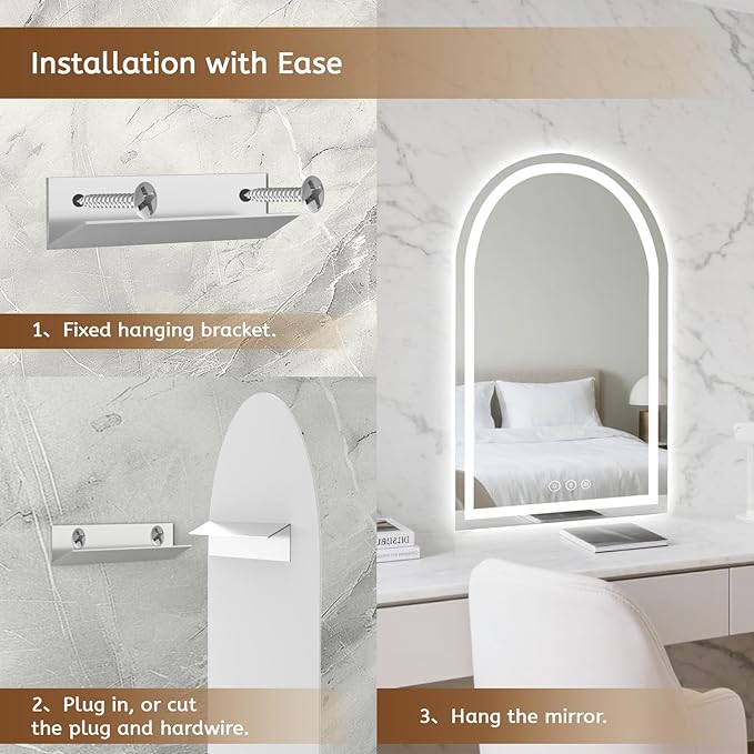 LED Mirror for Bathroom, Lighted Bathroom Vanity Mirror with Lights - Anti-Fog, Front Light and Backlit, Dimmable, 3 Colors (White Arch, 36" L x 48" W)