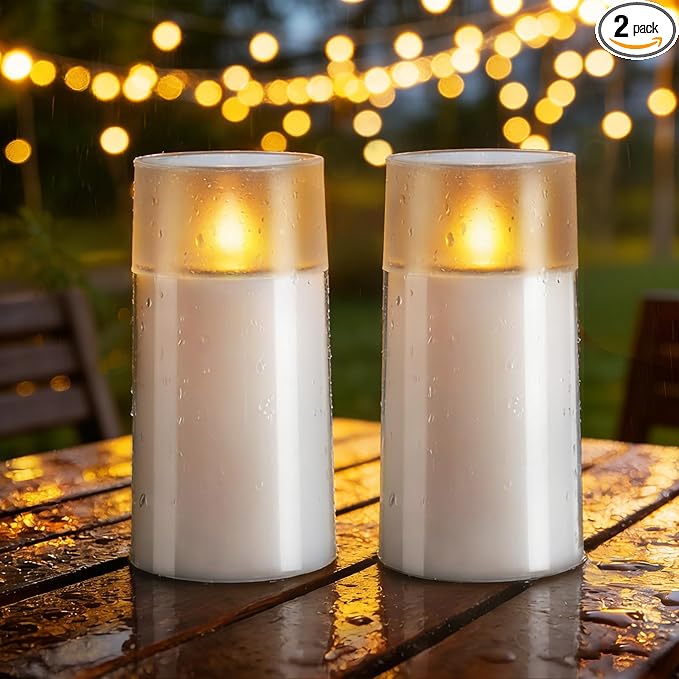 Homemory Solar Candles Outdoor Waterproof, Flickering Flameless LED Candles with Dusk to Dawn Sensor, 3"x6" Solar Powered Candles for Outdoor Lanterns Patio Garden Yard Christmas Decorations, 2 Pack