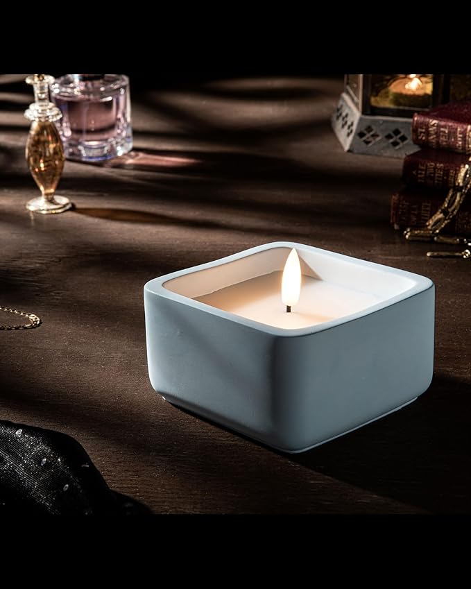 Square Flameless Candles (Blue) - LED Flickering Fake Candles - Made of Real Wax in a Cement Base - an Ideal Gift.