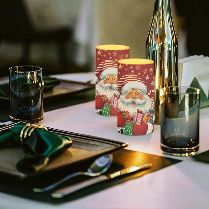 Red LED Candles with Remote Flickering Flameless Candles Santa Claus Stars Battery Operated Fake Pillar Candles Christmas Decorations for Bedroom Living Room Dining Room Table Decor