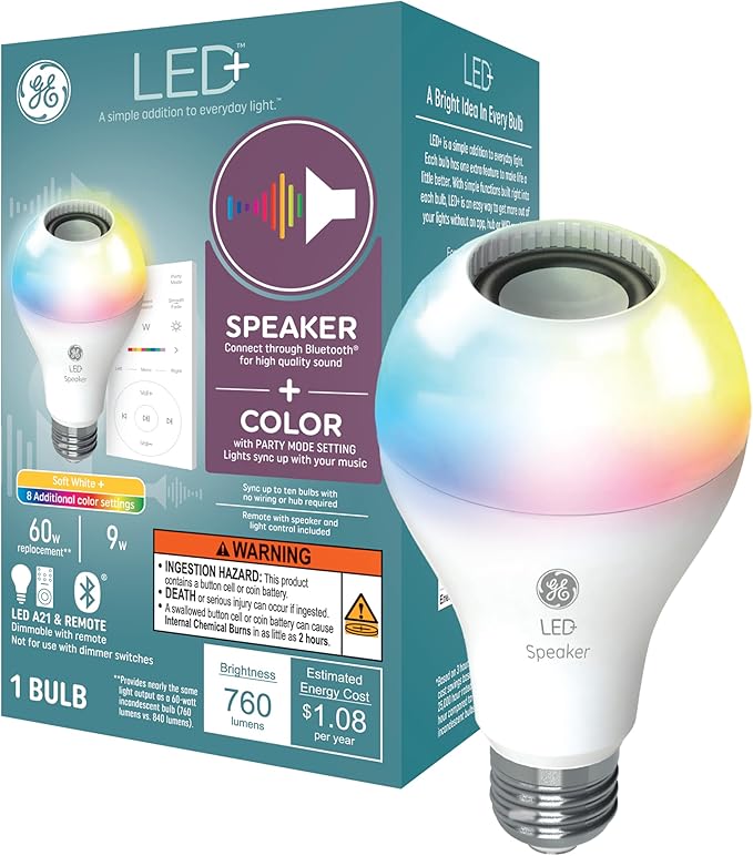 GE LED+ A21 LED Light Bulb, Indoor Color Changing Wireless Blutooth Speaker Light with Remote, 9W, Multicolor and Soft White (1 Pack)