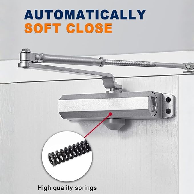 Automatic Hydraulic Door Closer – Adjustable Soft Close for Residential & Light Commercial Use – Grade 3 Heavy Duty Aluminum, Easy Install with Template, Silver (88–143 lbs)