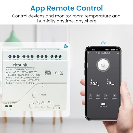 4CH WiFi Tuya Smart 85-250V Temperature and Humidity Sensor, Remote APP Control and Monitoring Function, Voice Control, Smart Scene, Dry Contact Passive Output, Works with Alexa Google Home